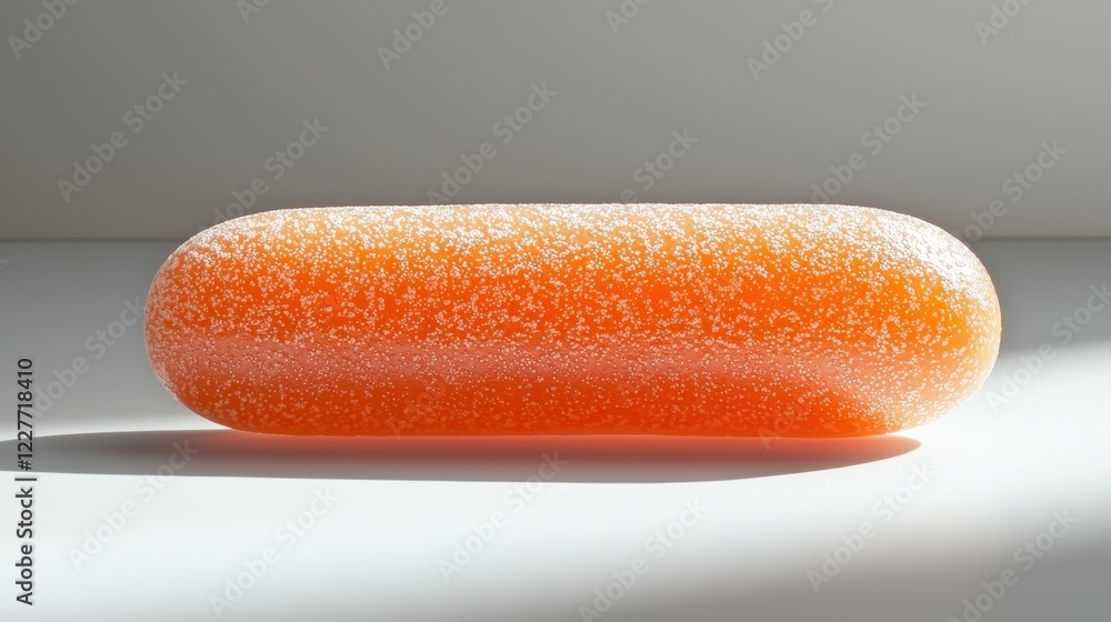 Poster a glossy, orange capsule-like object resting on a surface.