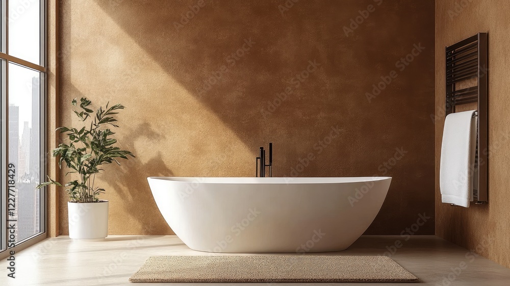 Poster sleek minimalist bathroom featuring a warm brown color palette with elegant stylish elements and nat