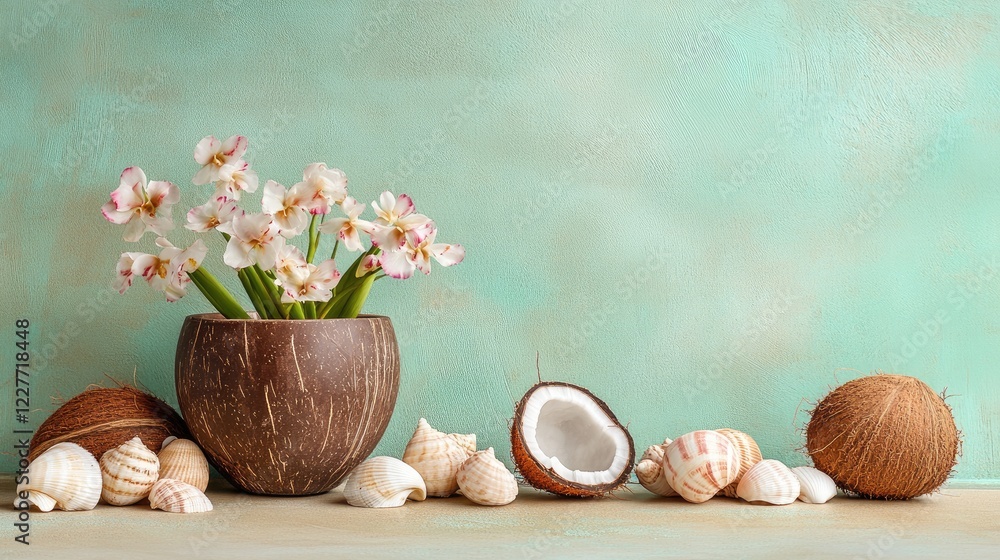 Poster tabletop arrangement with coconut shell flower pot and seashells on sandy surfaces showcasing a coas