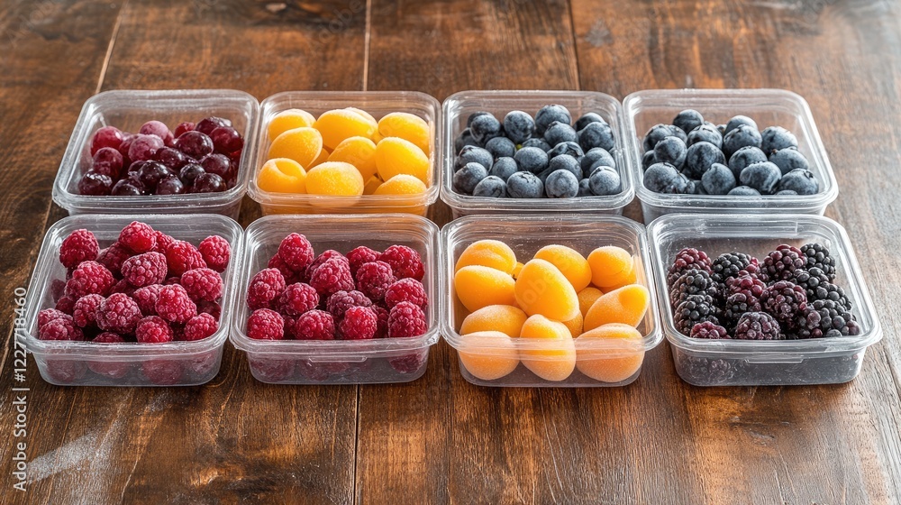 Poster colorful assortment of frozen berries and apricots in clear containers arranged on a rustic wooden s