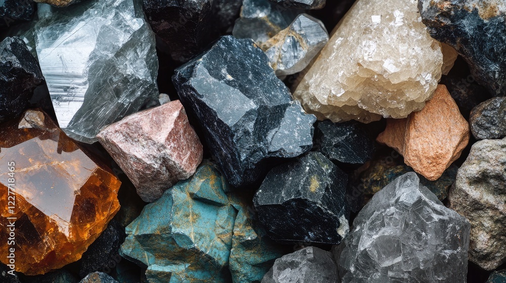 Poster diverse mineral collection showcasing unique textures and colors of various rock types arranged in a