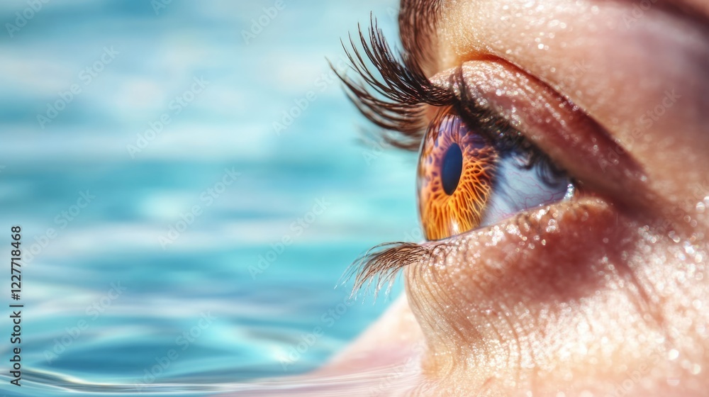 Aufkleber close up of a human eye partially submerged in water with a sunny swimming pool background creating 
