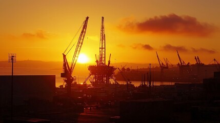 Obraz premium Industrial Scene of Construction Cranes Against Vibrant Sunset Sky