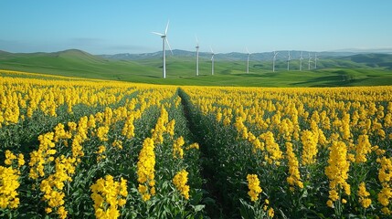 Yellow flower field, wind turbines, hills, sunny day, renewable energy