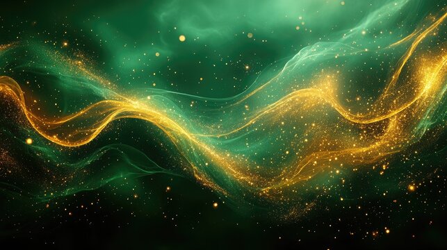 Abstract swirling patterns of green and gold light with shimmering particles creating a mystical atmosphere