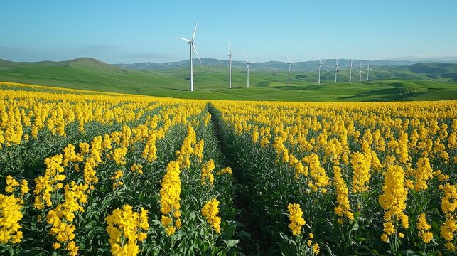 Yellow flower field, wind turbines, hills, sunny day, renewable energy