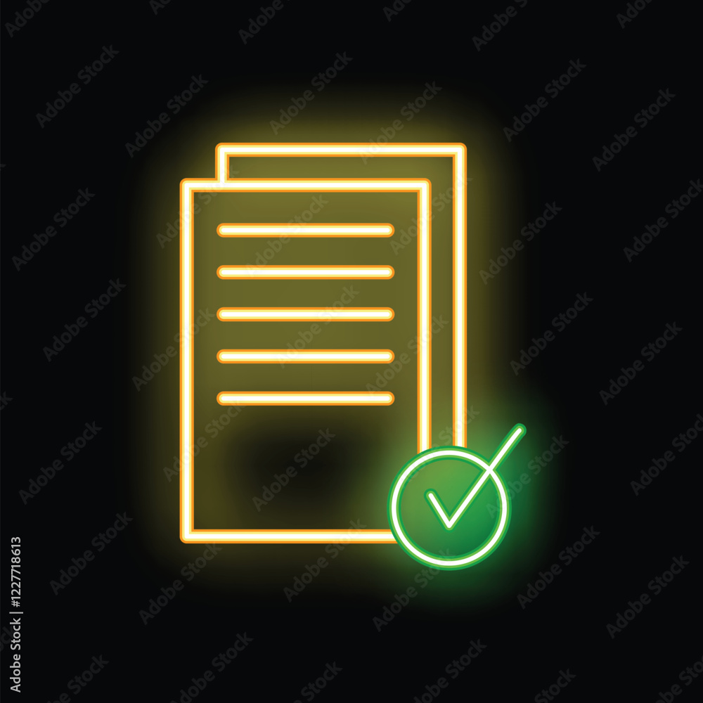 Poster glowing neon icon of documents with a check mark, representing successful verification or completion