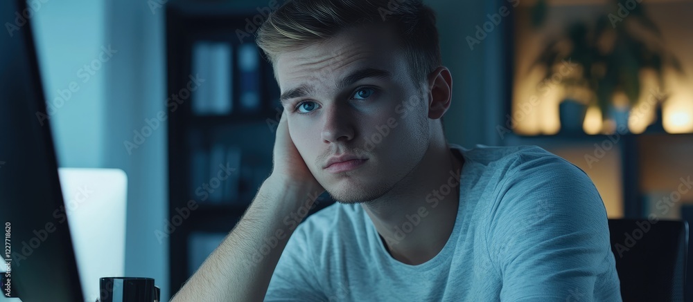 Poster young professional contemplating ideas while working on a project at a modern office desk with focus