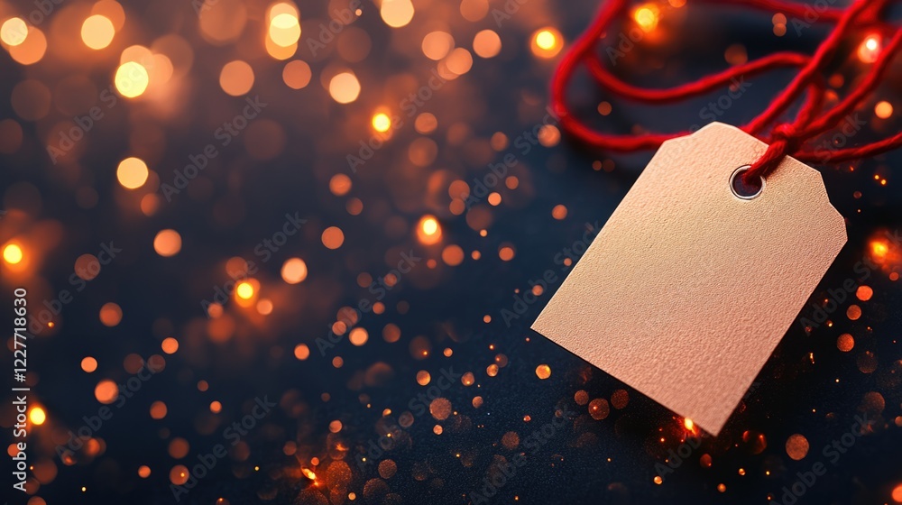 Poster Rose gold tag on red string with bokeh lights creating a festive atmosphere ideal for Christmas card and seasonal greeting designs