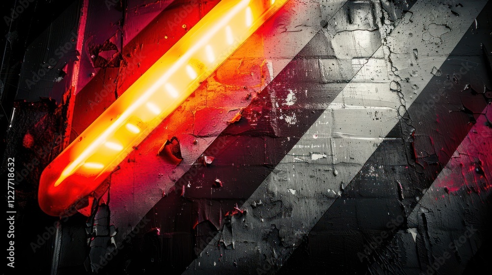 Poster neon light illuminating a textured wall with peeling paint and diagonal patterns in urban setting