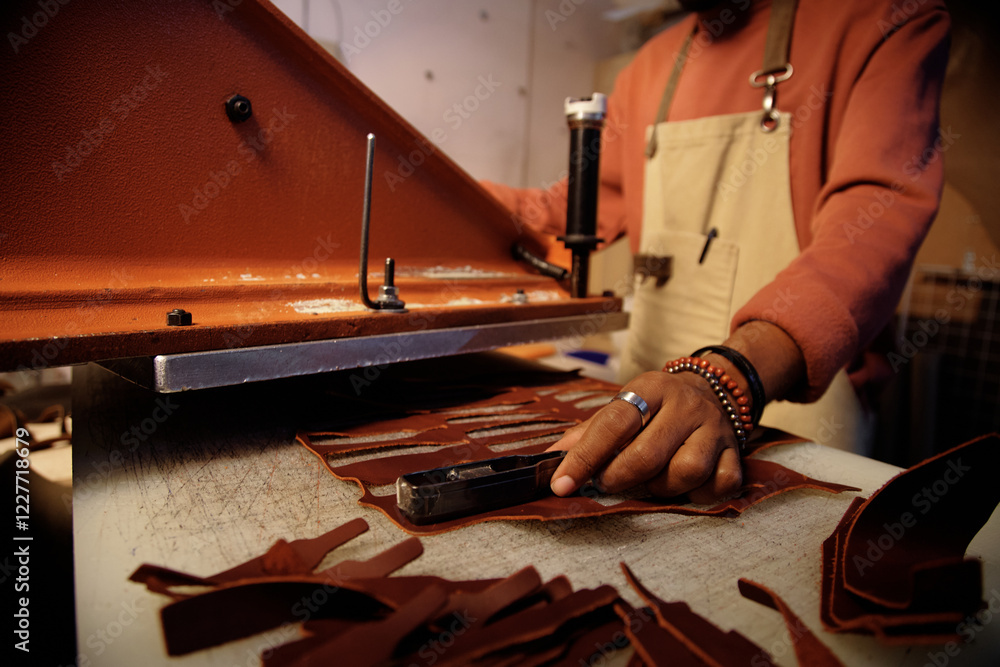 Poster close-up of artisan creating intricate leather pieces using traditional tools and skilled hands. wor
