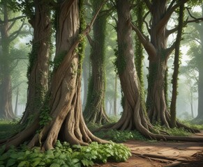 Leafy green plants with vines crawling up wooden trees , foliage, organic exposure, tree bark