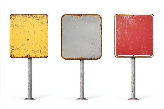 Three rusty blank signs, isolated, white background, design mockup