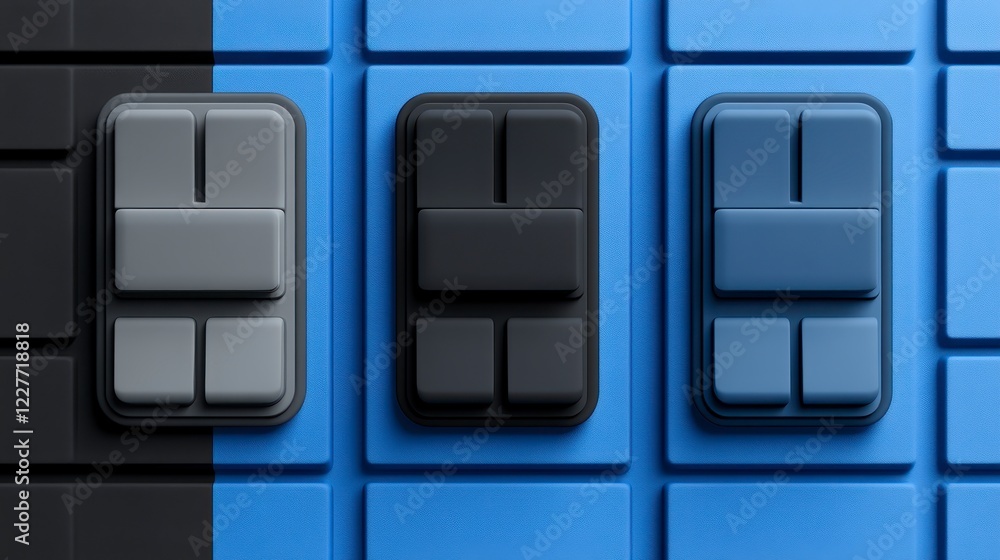 Poster three rectangular objects in gray, black, and blue shades are arranged on a textured blue background