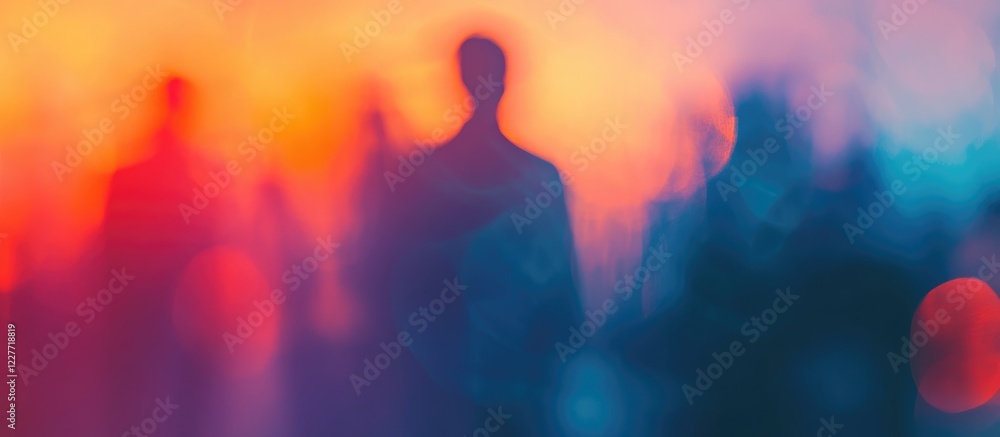 Poster blurred silhouettes of business professionals in a modern office setting with a colorful bokeh backg