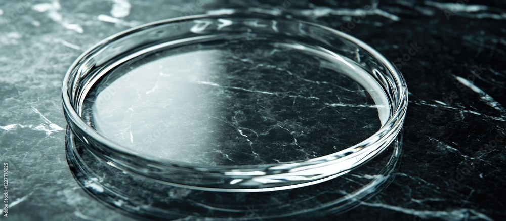 Poster glass plate on black marble table with selective focus and ample copy space for text or branding in 
