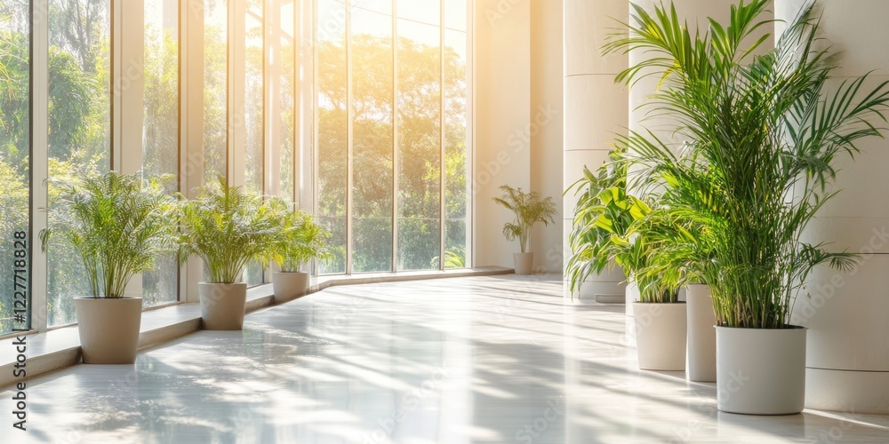 Aufkleber elegant indoor atrium adorned with tall potted plants and abundant natural light in a minimalist set