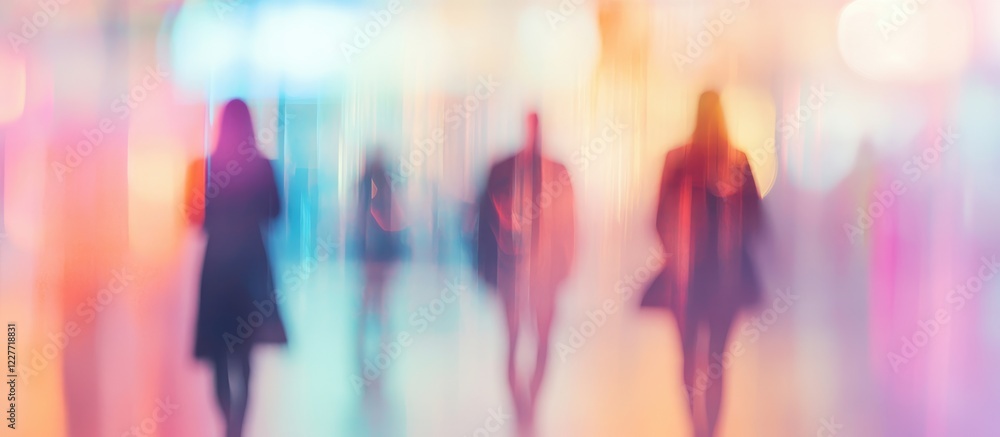 Poster blurred silhouettes of business professionals in a vibrant office space with soft bokeh effect featu