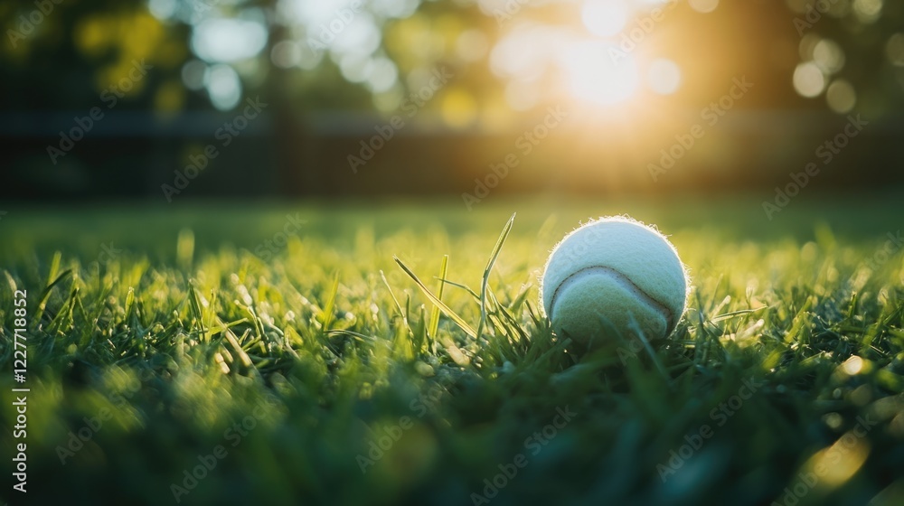 Poster close up of a tennis ball resting on lush green grass during sunset with soft light and ample copy s