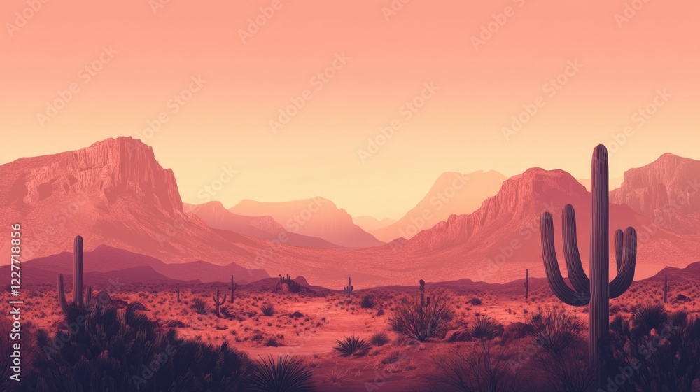 Poster serene desert landscape with gentle gradient lighting showcasing mountains and cacti under a tranqui