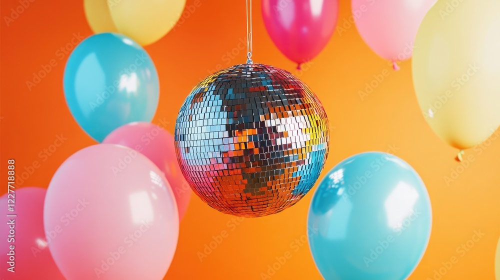 Poster rusty disco ball mockup surrounded by colorful balloons in a vibrant retro contemporary design setti