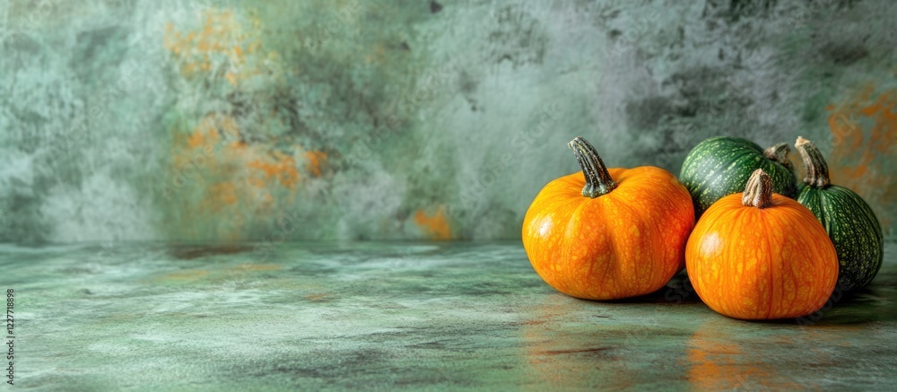 Poster fresh squash and pumpkins arranged on a green kitchen countertop with ample empty space for text and