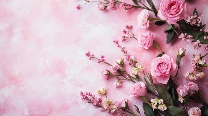 Romantic Floral Background for Valentine's Day with Pink Roses and Delicate Blooms