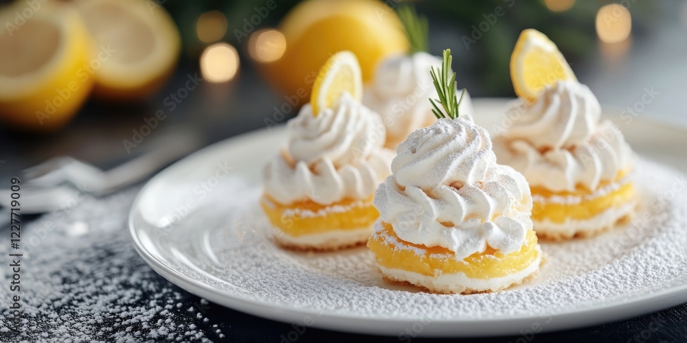 Poster elegant lemon meringue marshmallow dessert on white plate with garnish and copy space for text in a 