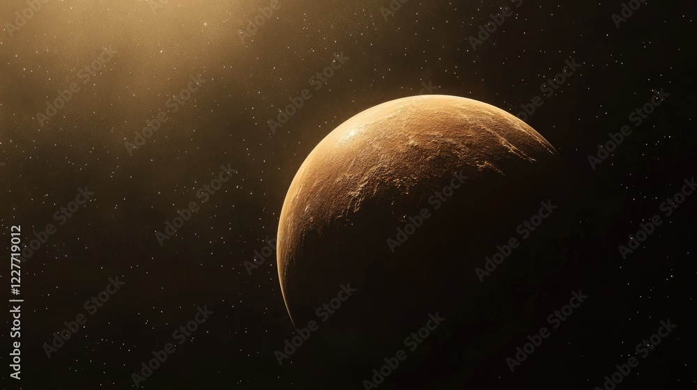 Aufkleber Cosmic background with a distant planet illuminated by light and surrounded by stars in a vast dark space atmosphere