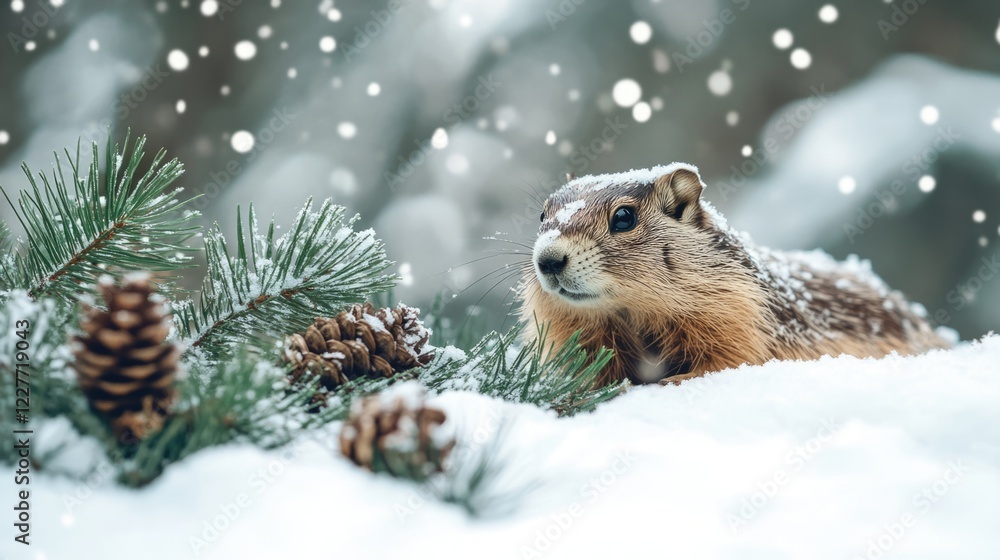 Poster winter scene featuring a marmot among snow-covered pine branches and cones with a blank space for te