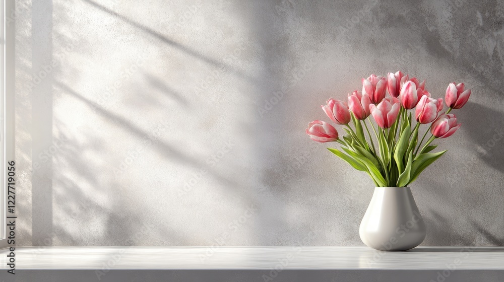 Poster spring tulips in a white vase on a table with a soft window background and light shadows creating a 