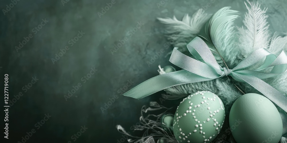 Poster elegant green easter eggs adorned with ribbons and feathers set on a textured background with ample 