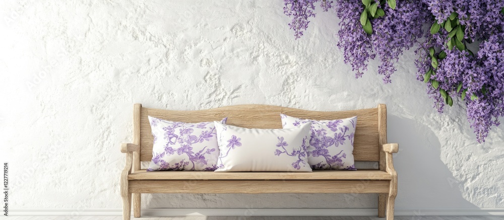 Poster charming purple jacaranda cushions on a wooden bench against a textured wall creating an inviting an