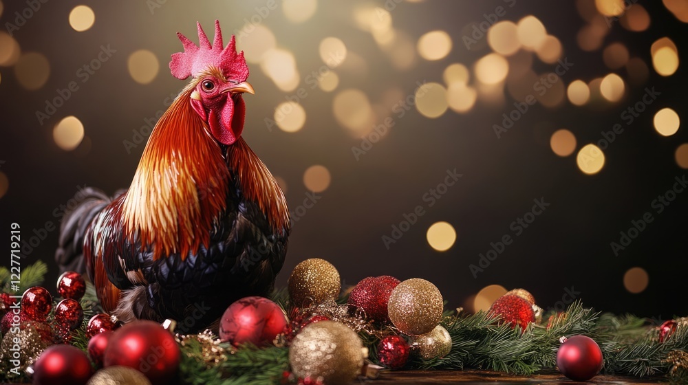 Poster festive rooster surrounded by christmas ornaments and decorations with a bokeh background creating a