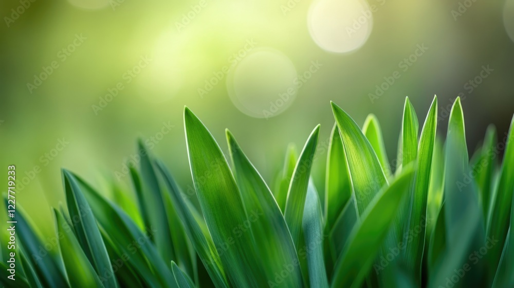 Poster spring green abstract blurred background with lush grass leaves and soft bokeh effect ideal for text