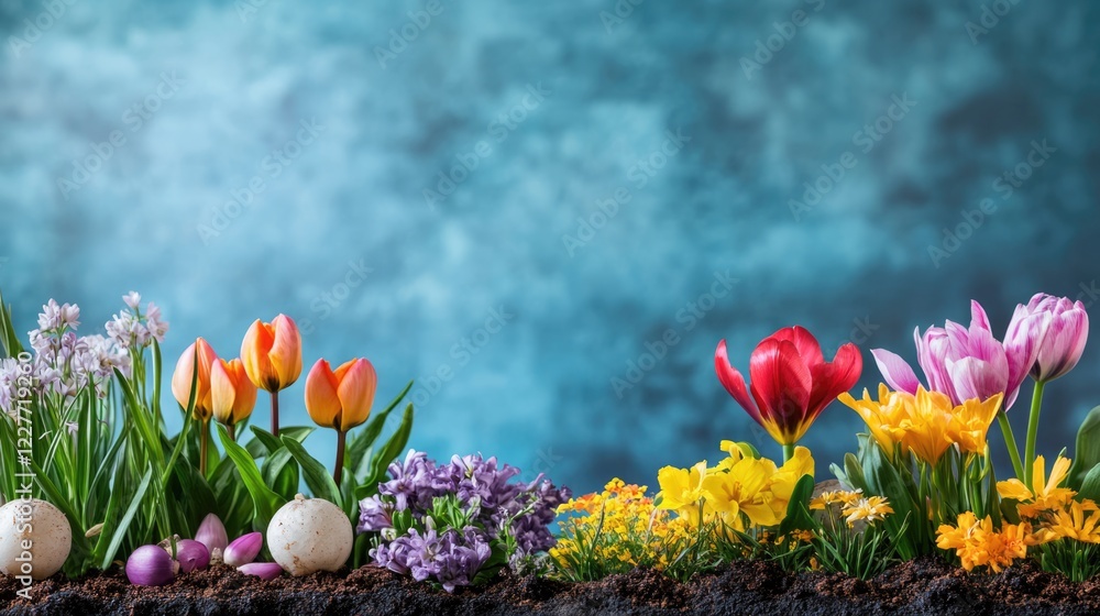 Poster vibrant spring planting with colorful flowers and bulbs against a soft background and ample copyspac