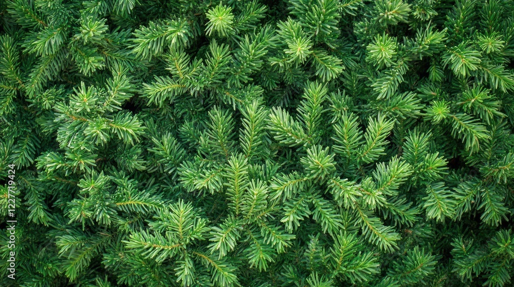Poster fresh green spruce branches close-up texture with abundant foliage and ample empty space for your cr