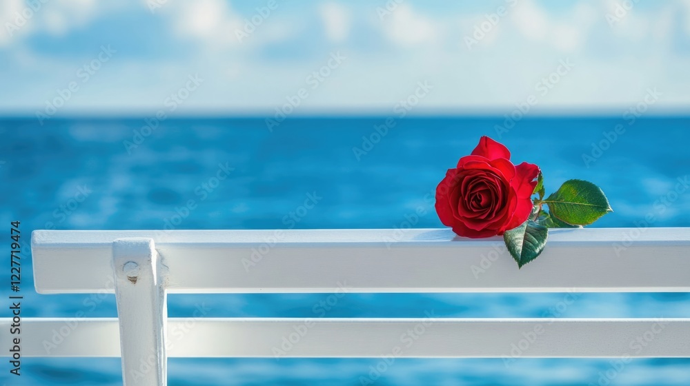 Poster rose resting on a white bench with a serene blurred sea and blue sky background creating a tranquil 