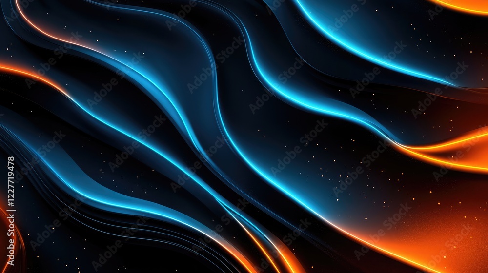 Poster futuristic abstract background with flowing blue and orange neon light waves on dark backdrop