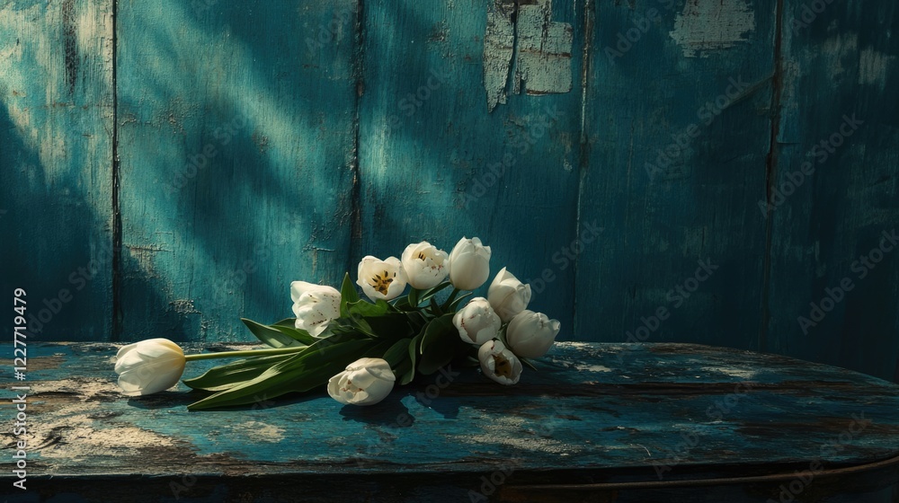 Poster rustic spring setting with fresh white tulips on weathered blue table empty space for text or design