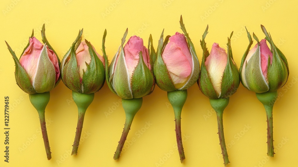 Poster pink rose buds arranged on bright yellow background ideal for greeting cards and floral design with 