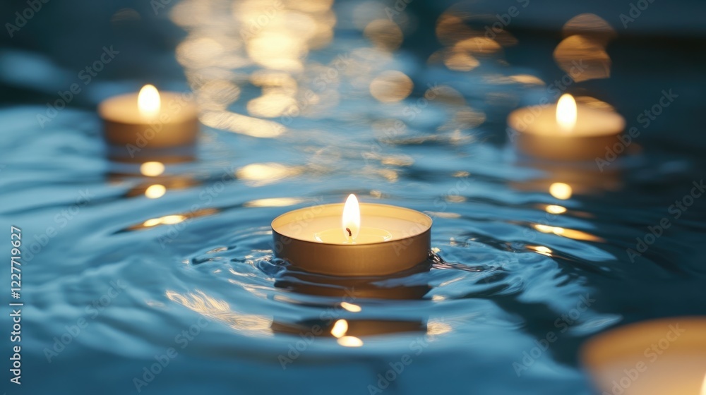 Poster tranquil candles floating on water surface evoke serenity and peaceful ambiance in a calming atmosph
