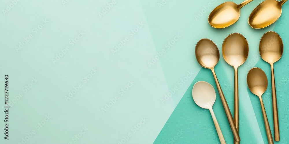 Poster elegant arrangement of golden and jade soup spoons on a monochromatic triangular background with amp