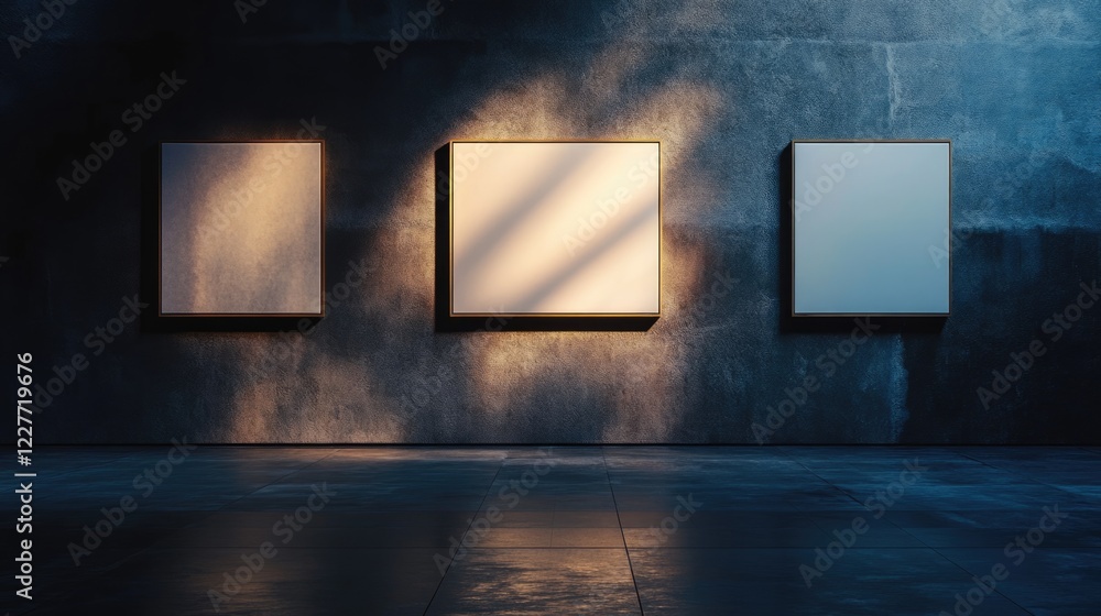Poster art gallery interior featuring three empty canvases illuminated by dramatic lighting with ample copy