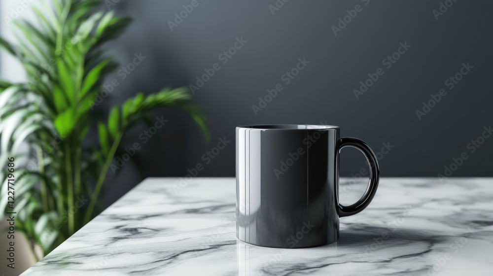 Poster modern black mug mockup on elegant marble table with lush greenery in soft lighting