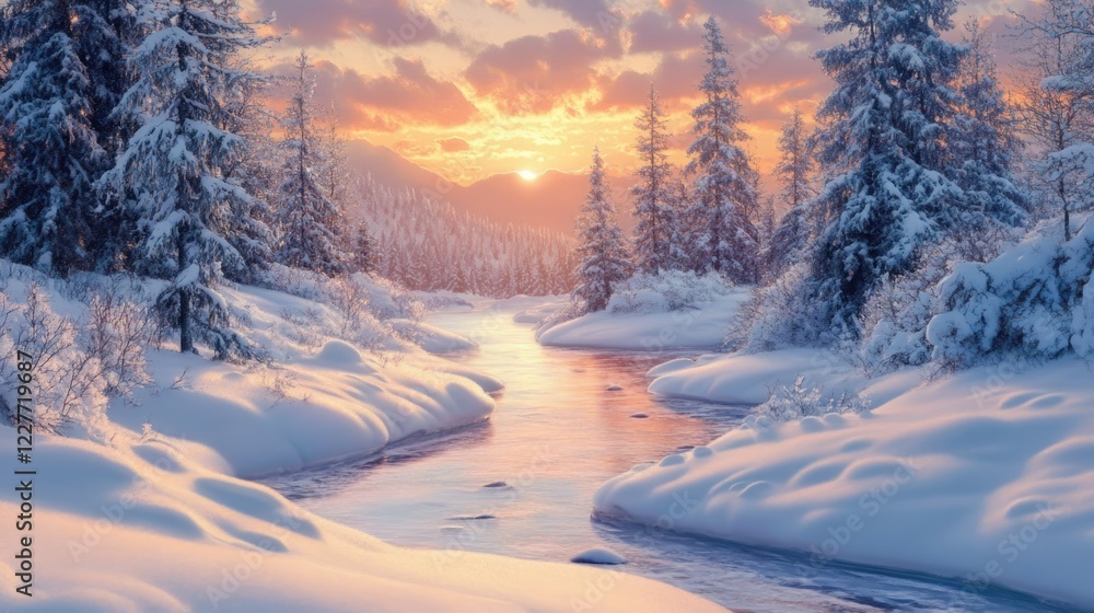 Poster Snowy winter landscape at sunset showcasing tranquil reflections in a serene environment with trees and flowing river in soft light