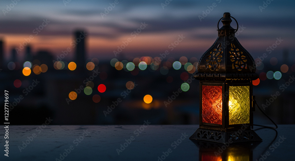 Poster lantern with red and yellow light glows at night. lantern on the table with city lights bokeh in the
