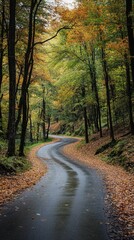 Obraz premium Curved road lined with autumn leaves in a tranquil forest setting
