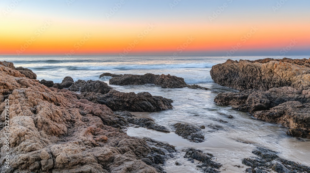 Poster serene coastal sunset with waves gently crashing against rock formations creating vibrant orange and
