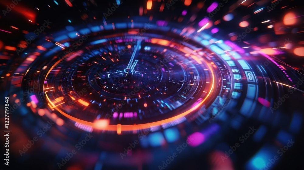 Poster futuristic head up display - hud - interface rotating with blurry lights and data transferring, idea